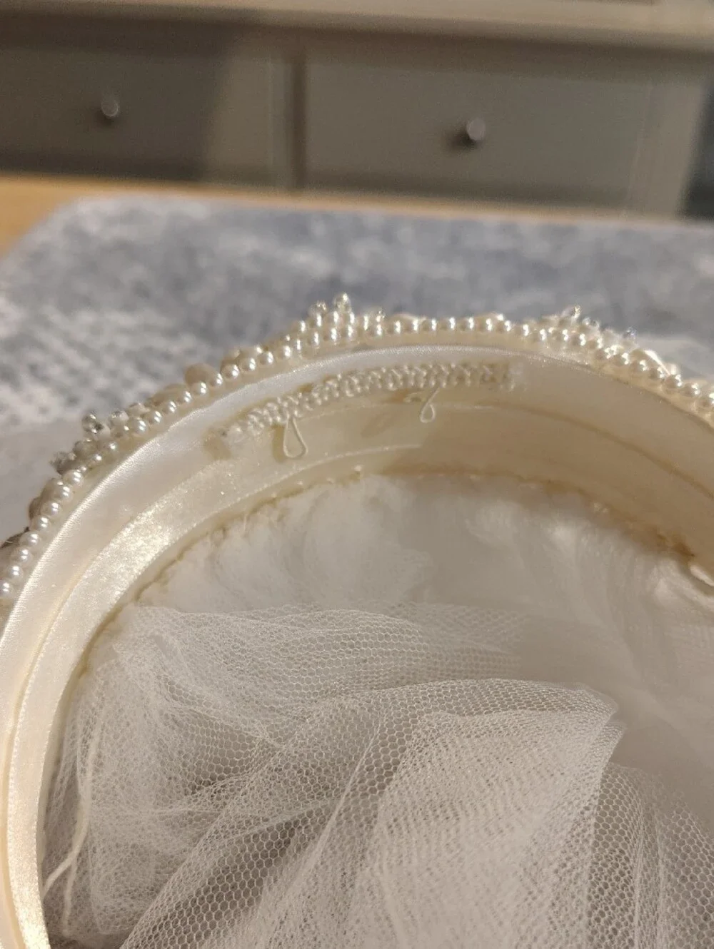 Beaded Pearl White Bridal Headband with Veil